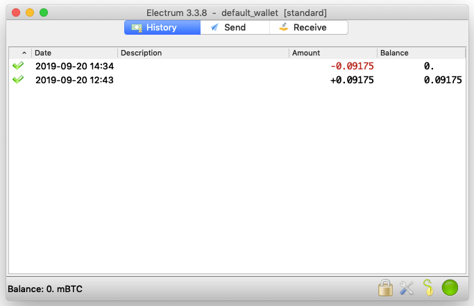 Wallet history shown in table view with basic transaction details